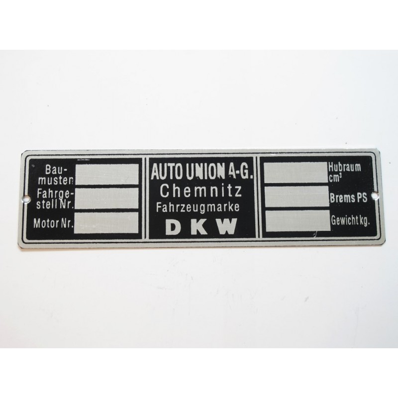 ID Plate AUTO UNION A-G Chemnitz DKW